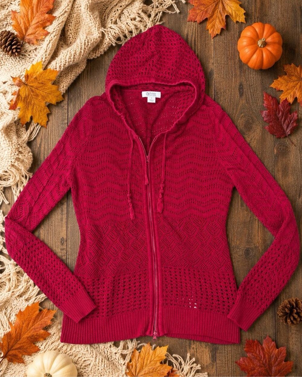 Guide Series Women’s Red Open Knit Crochet Zip Front Hooded Sweater Size Large